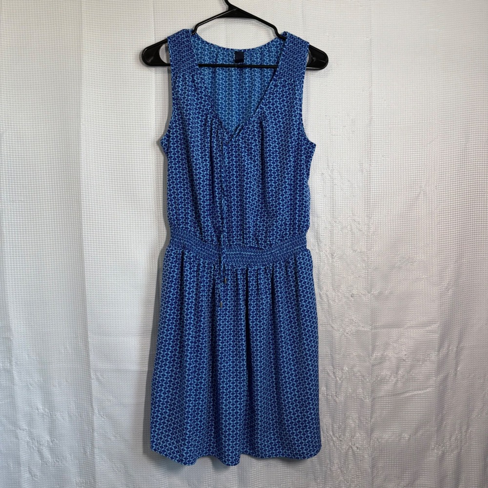 Gap Sleeveless Dress Blue Geometric Print Smocked Waist V-Neck Casual Summer L
